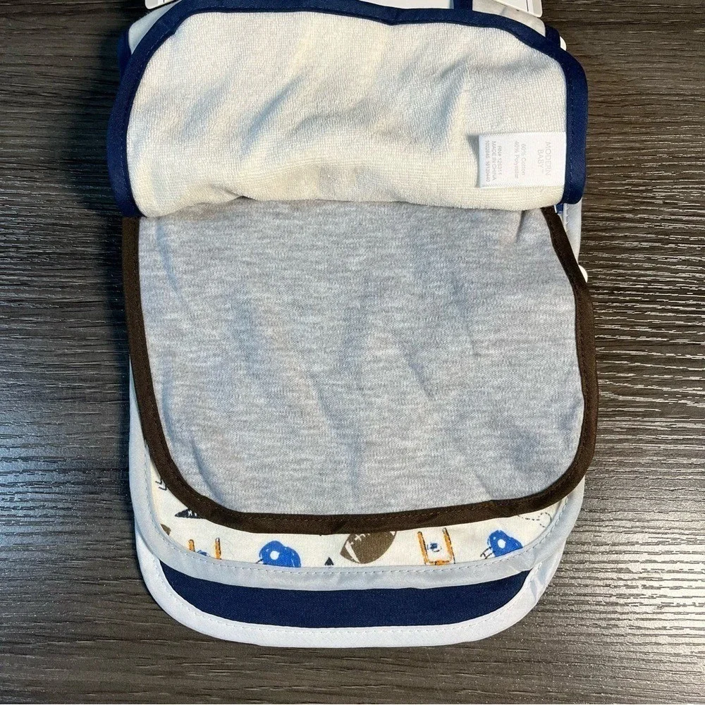 Modern Baby 4 Pack Reversible Football Bibs Sunday Funday Blue White Grey NEW